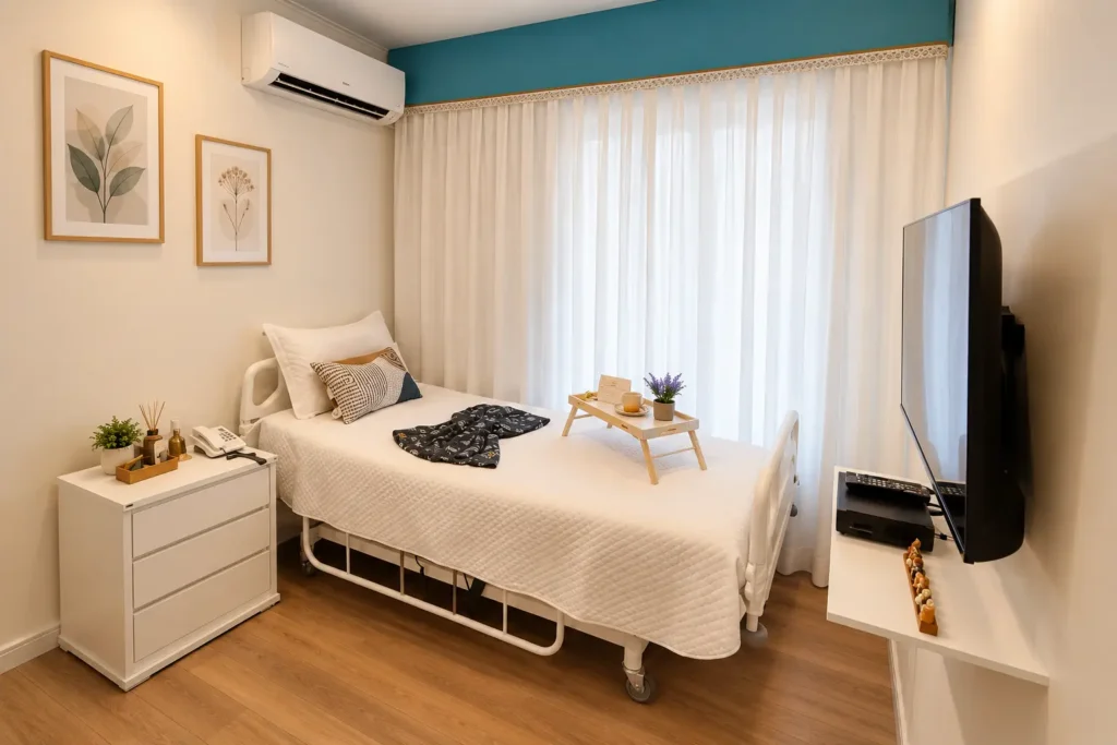 Apartamento para recuperação pós-operatória de idosos na Clínica Geriátrica Menino Deus, em Porto Alegre.