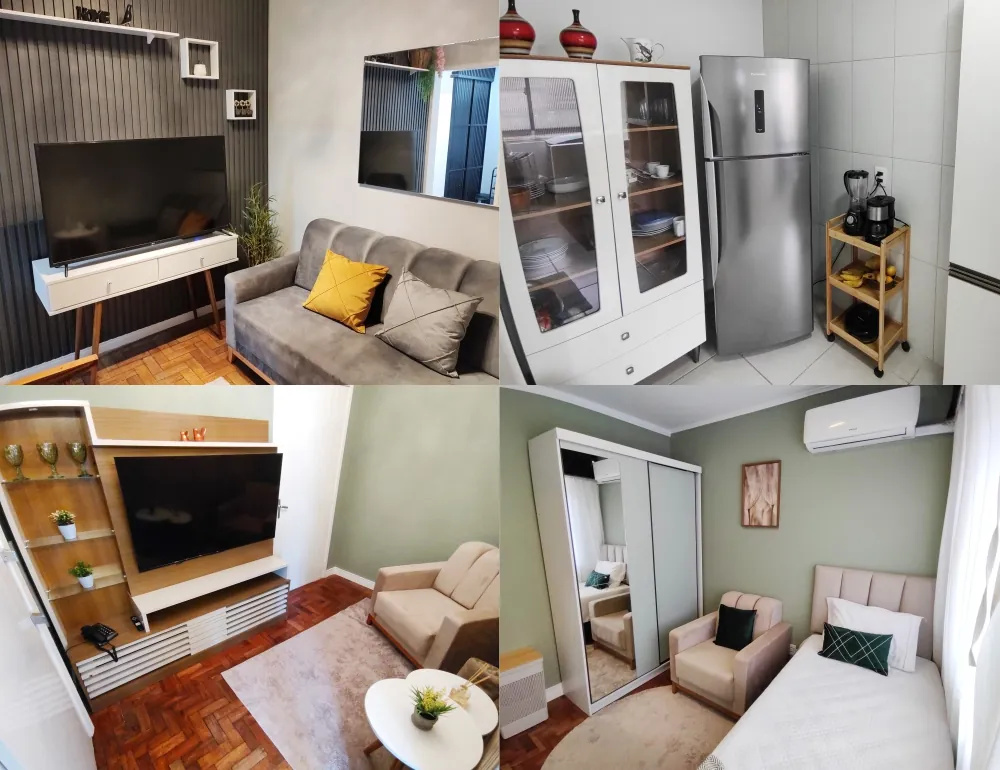Mosaico de fotos dos apartamentos do Residencial Menino Deus, cada um com estilo e decoração próprios, em Porto Alegre